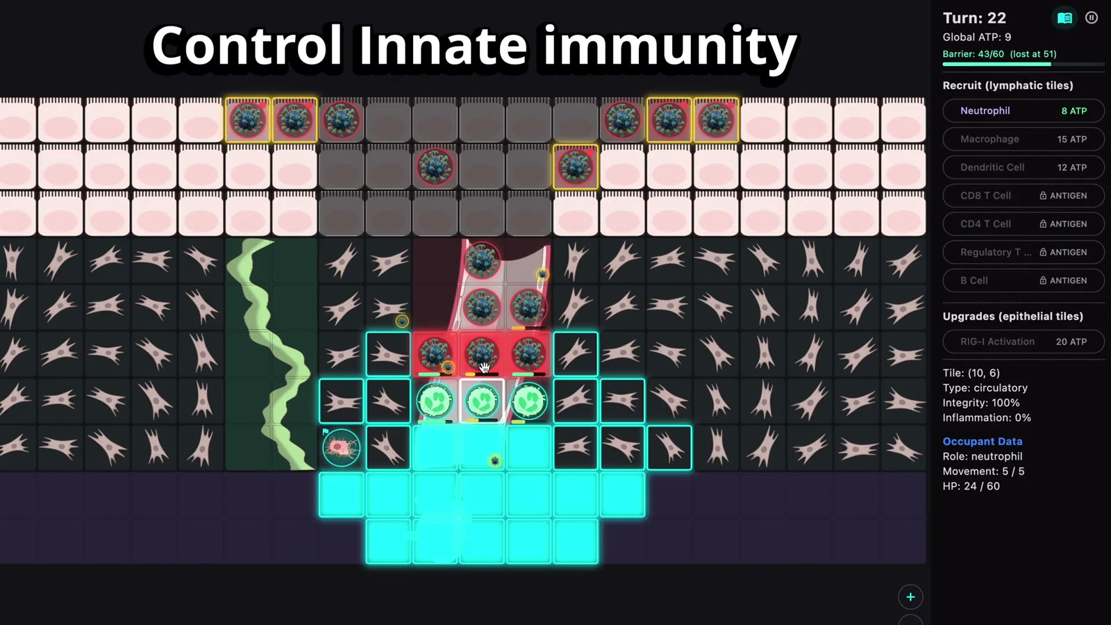 The board mid-match: infected barrier cells and immune units in the vessel.